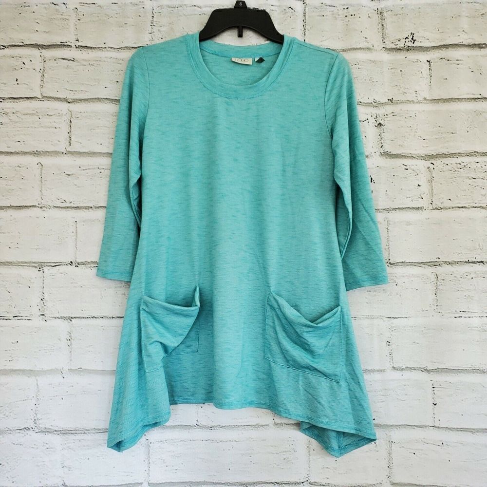Logo by lori goldstein Space Dye Stripe Knit Top Shirt Turquoise Womens Small